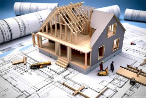 model house with blueprints