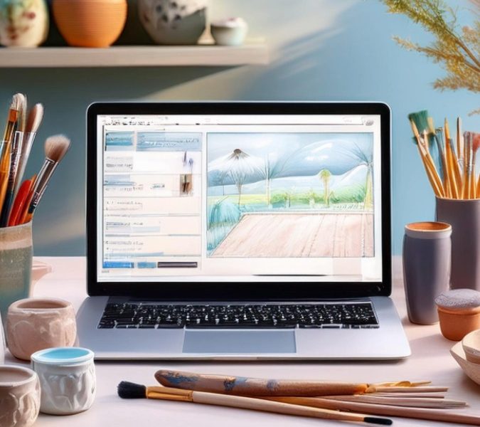 Laptop with paint brushes to show an artist desktop