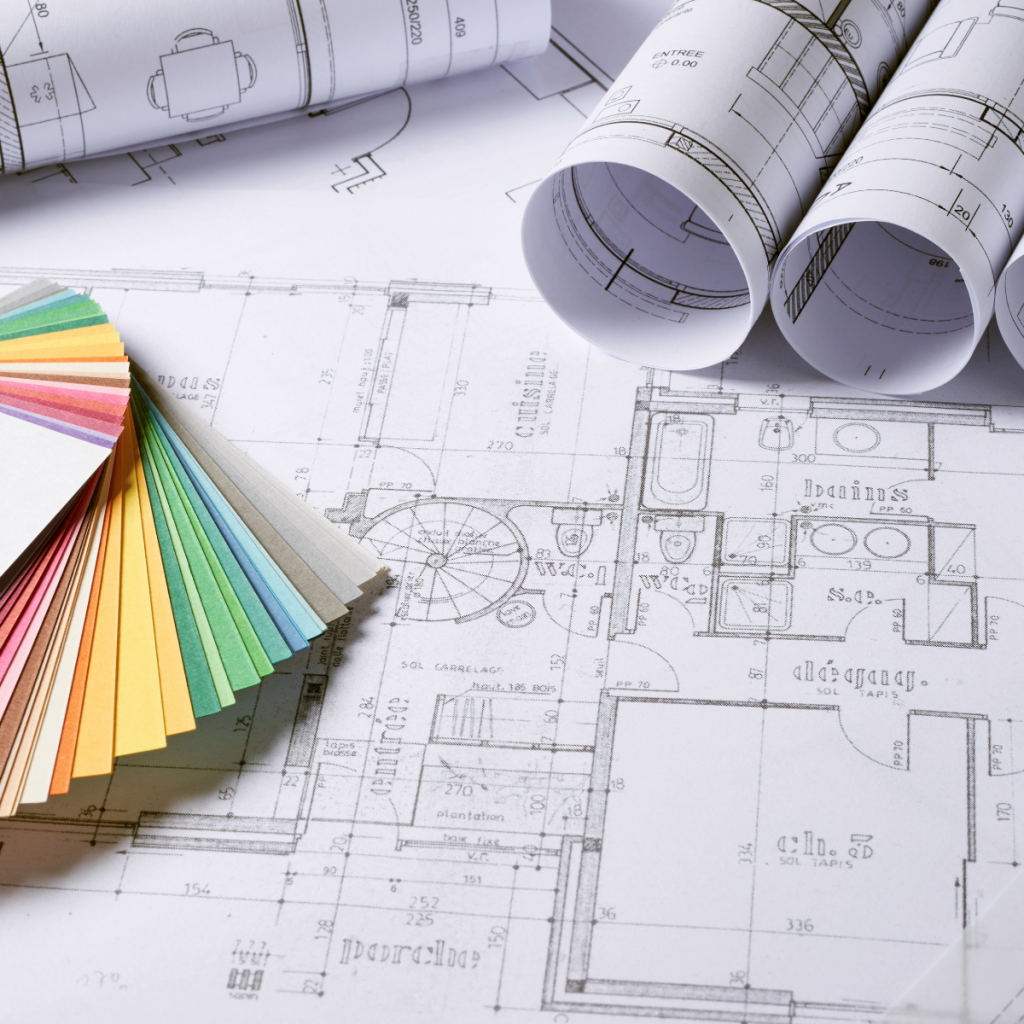 blue print for a house with color swatches