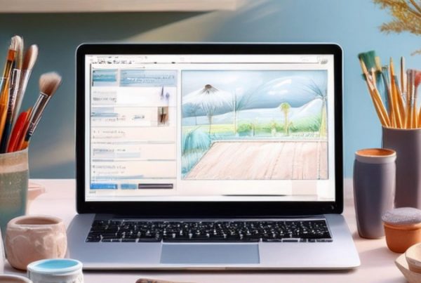 Laptop with paint brushes to show an artist desktop