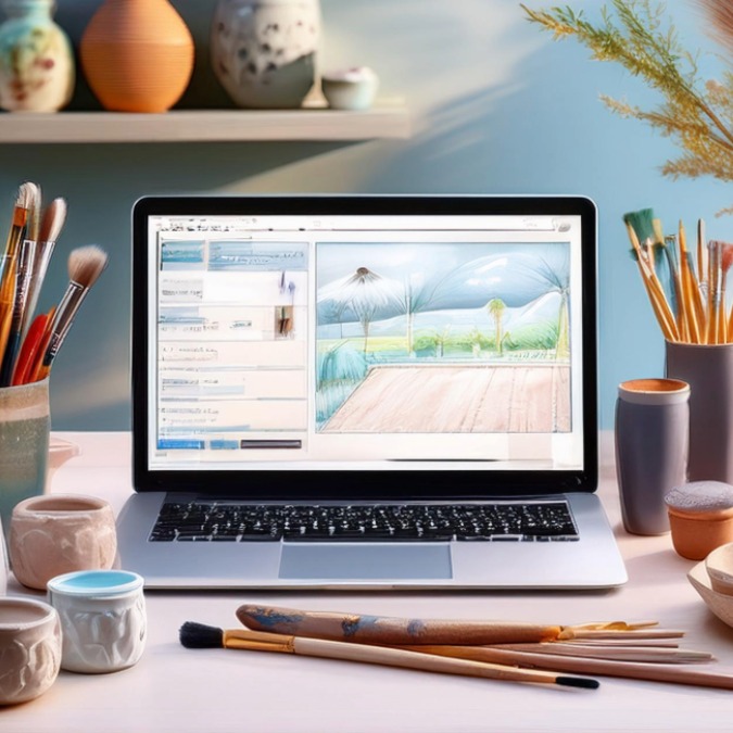 Laptop with paint brushes to show an artist desktop